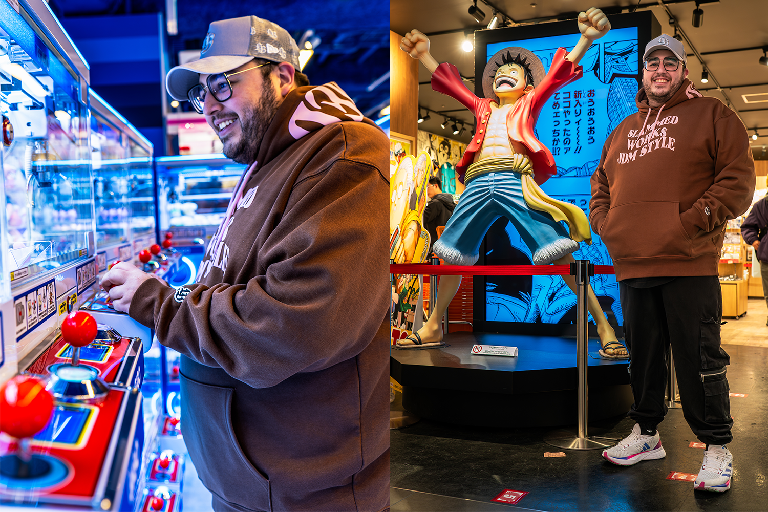 Portraits of a man in an arcade store and an anime one in Shibuya.