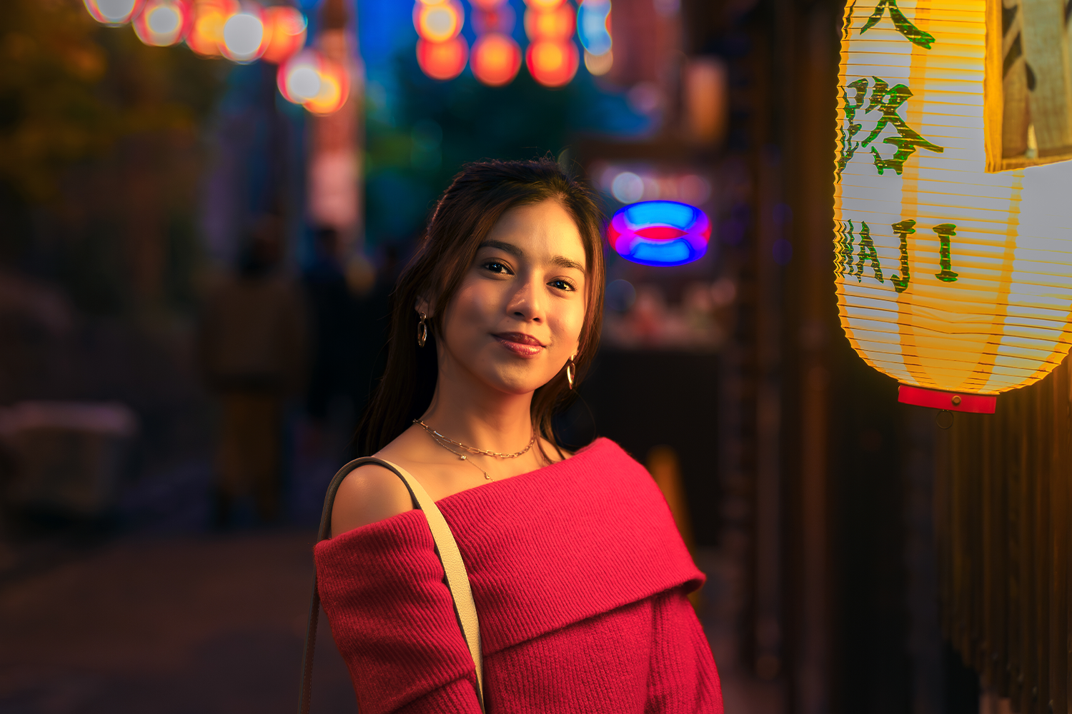 Night portrait of a girl In Nonbei Yokocho, a hidden alley with tiny bars next to Shibuya Station.