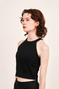 Model Holeckova posing in a black cropped top during a professional photo shoot at JG Studio Tokyo, ideal for portfolio and fashion photography.