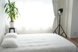 メインスタジオに、白いリネンのエアーベッド、ユッカの観葉植物、そしてNanlite社のプロ仕様照明を配置したライフスタイル撮影セット。